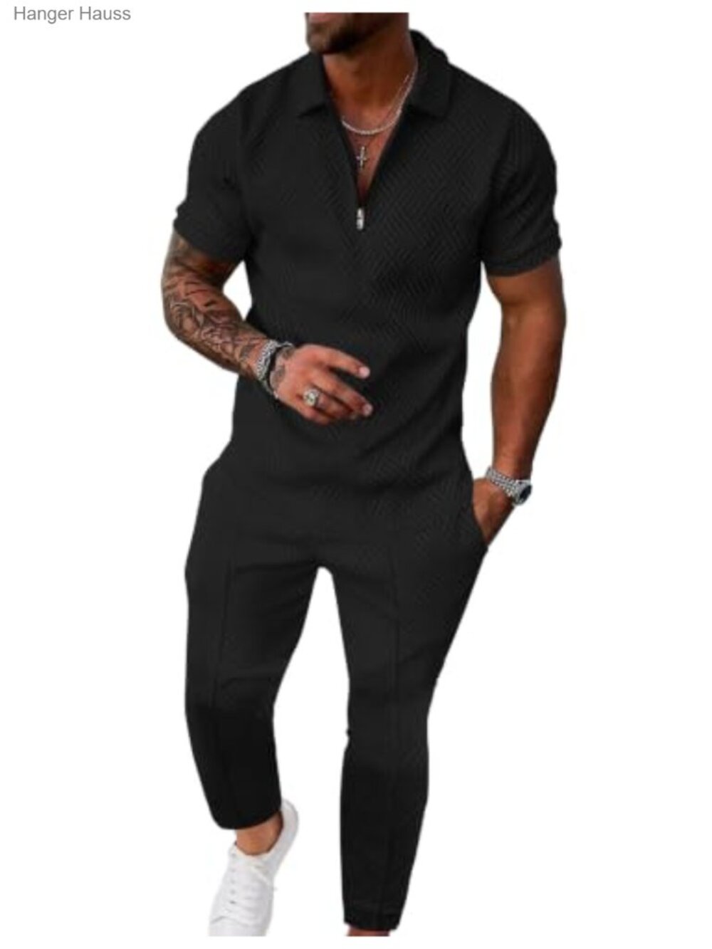 3D Jacquard 1/4 Zip Polo & Drawstring Pants Men's Lounge 2 Piece Set